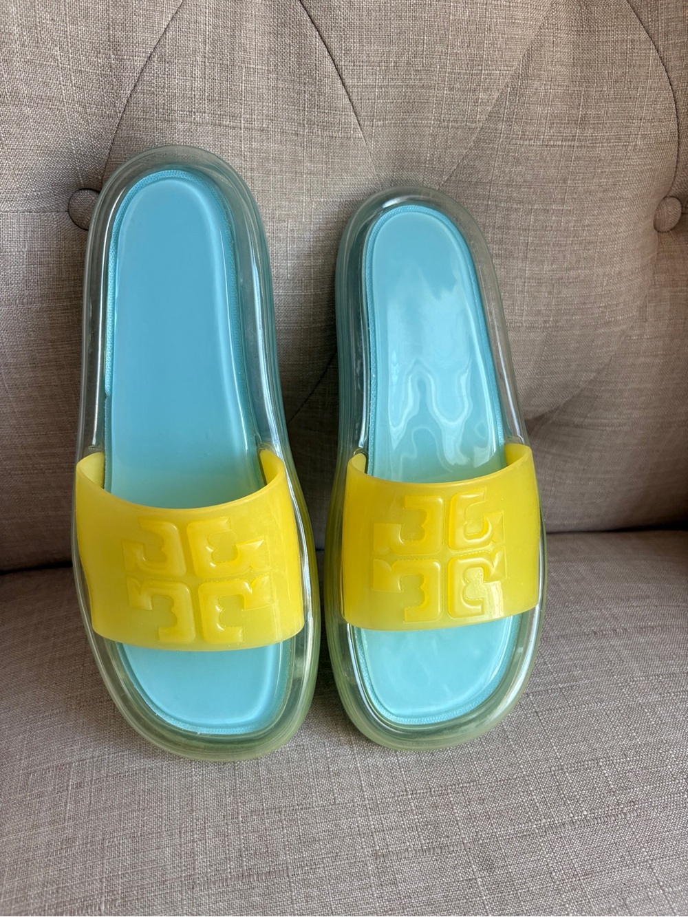 Tory Burch Yellow & Light Blue Slide Sandals